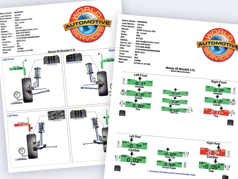 printout with color coded wheel alignment results