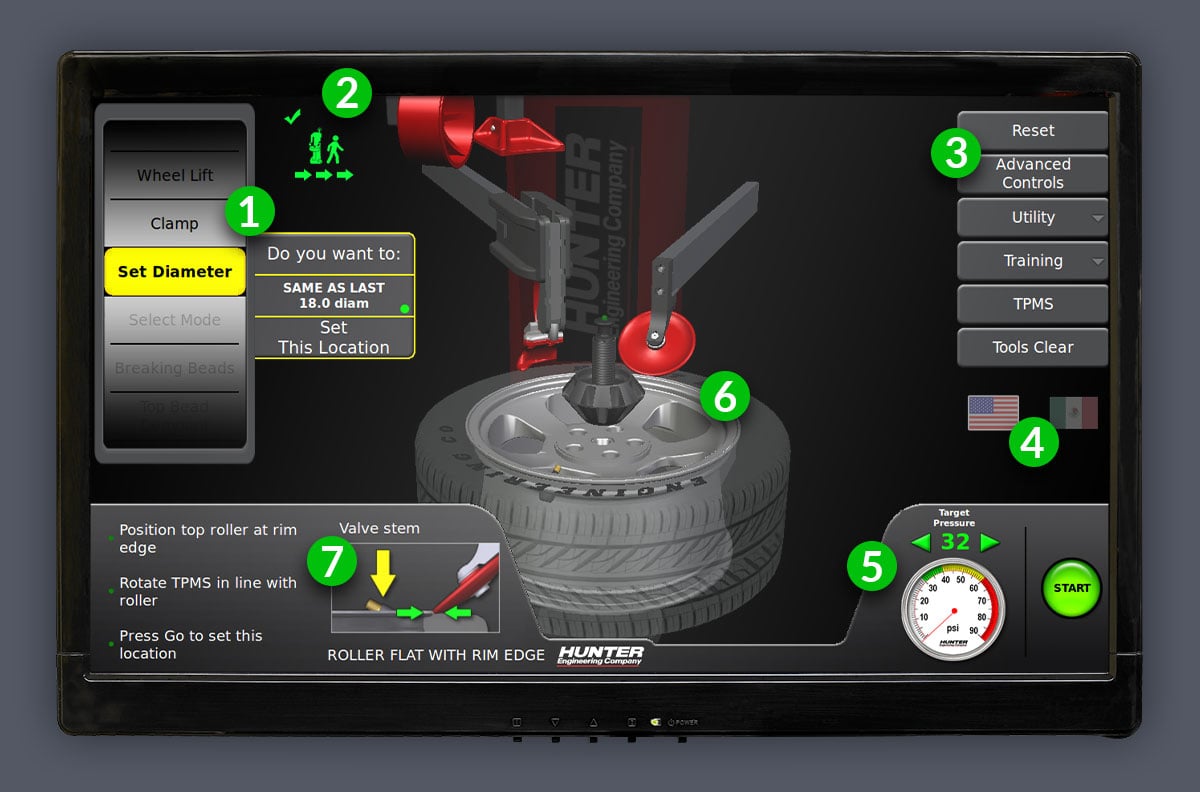 hunter revolution tire changer monitor showing set diameter option