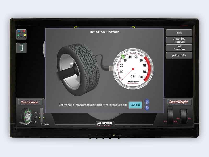monitor on road force elite balancer showing inflation station feature